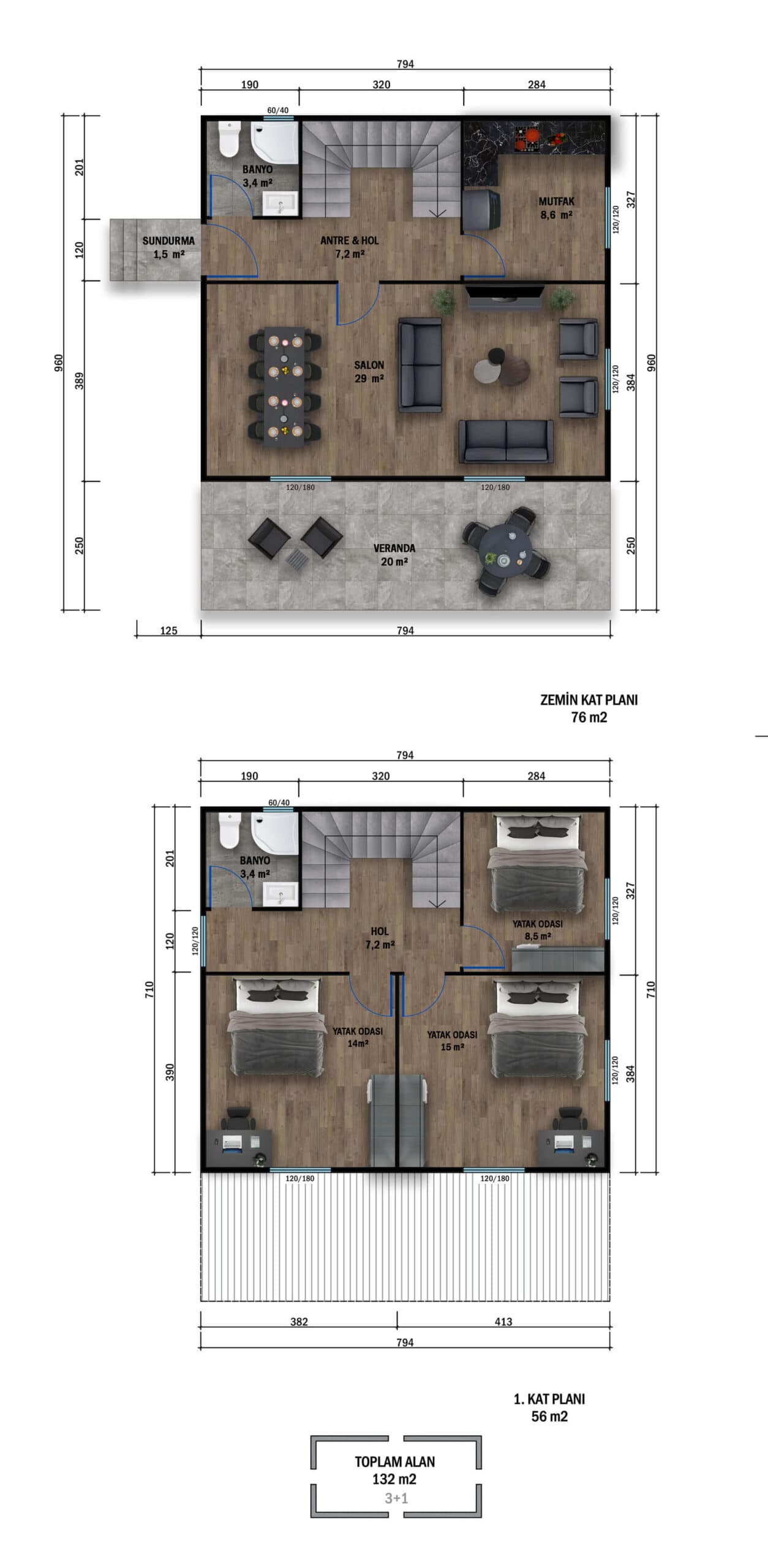 LB-2132 132 m² prefabrik ev dış cephe 4