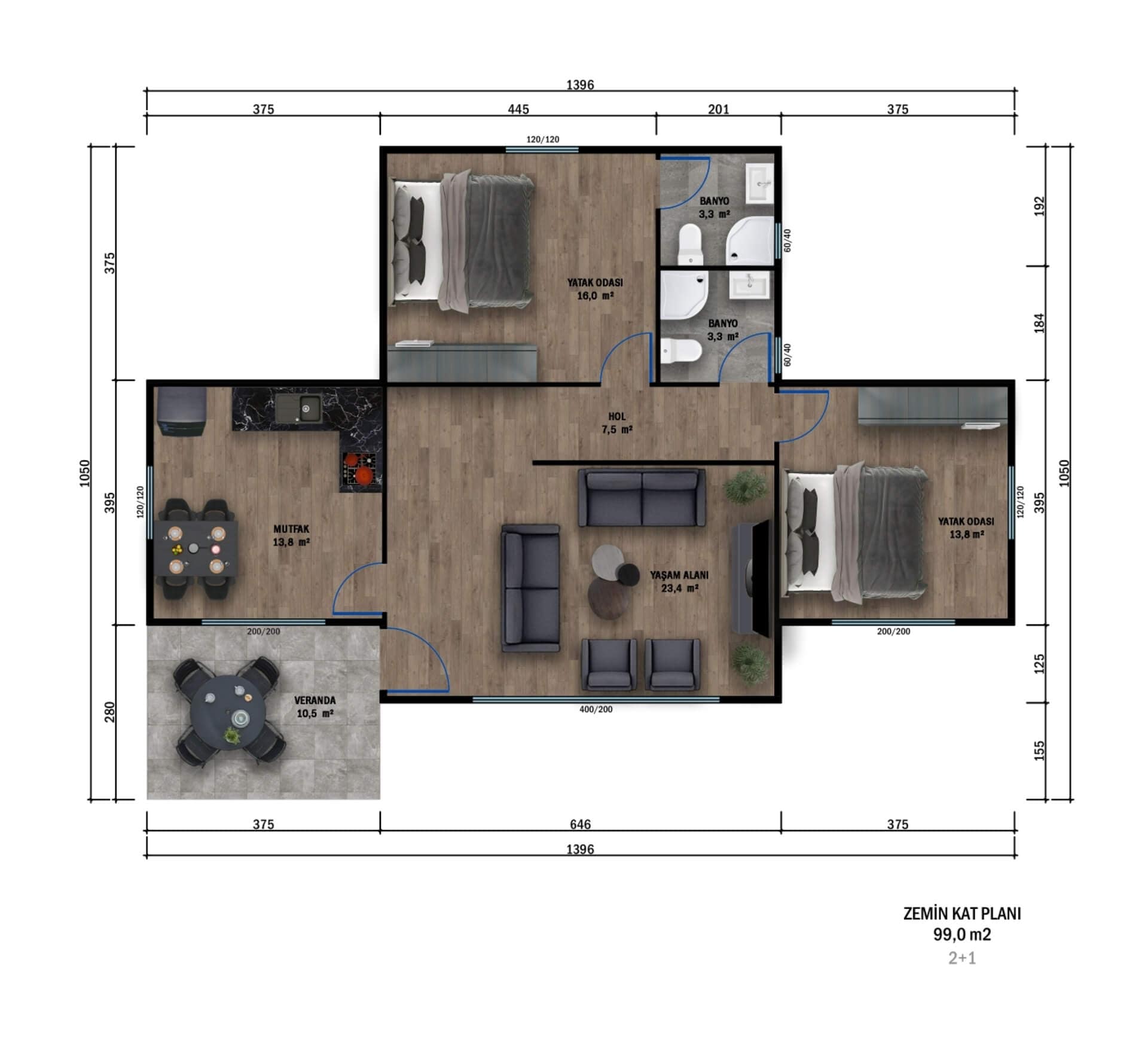 LB-1099 99 m² prefabrik ev dış cephe 14