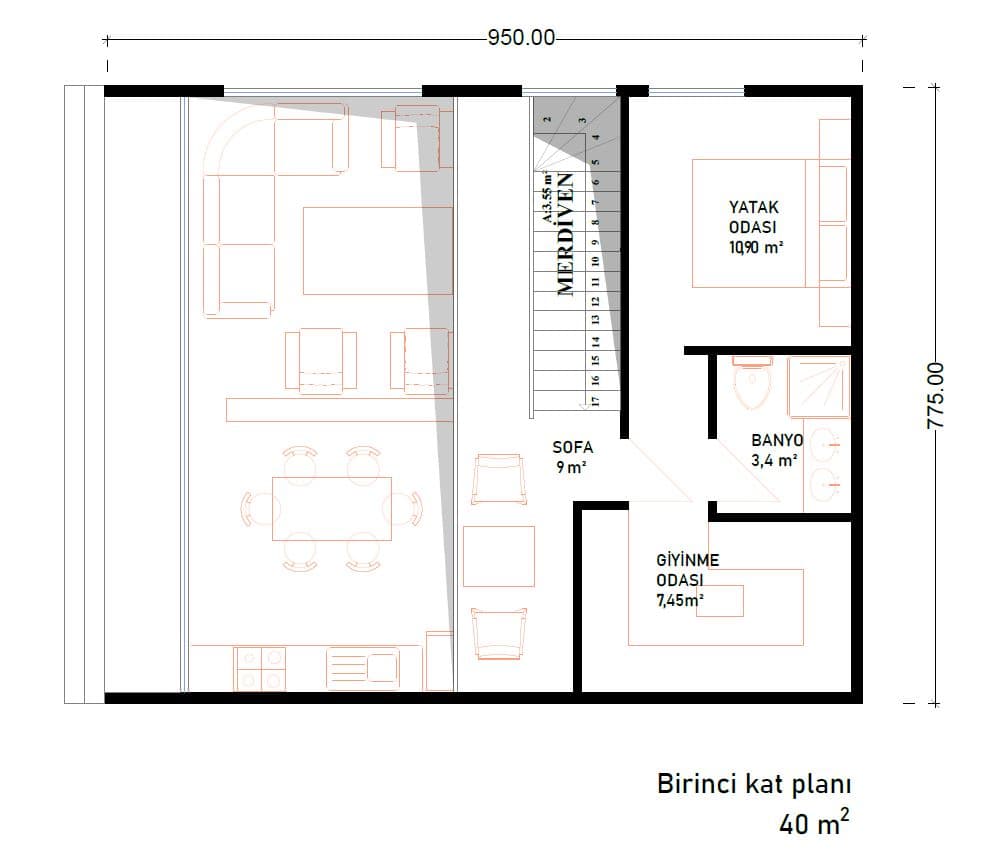 LB-2114 114 m² çelik ev kat planı 1