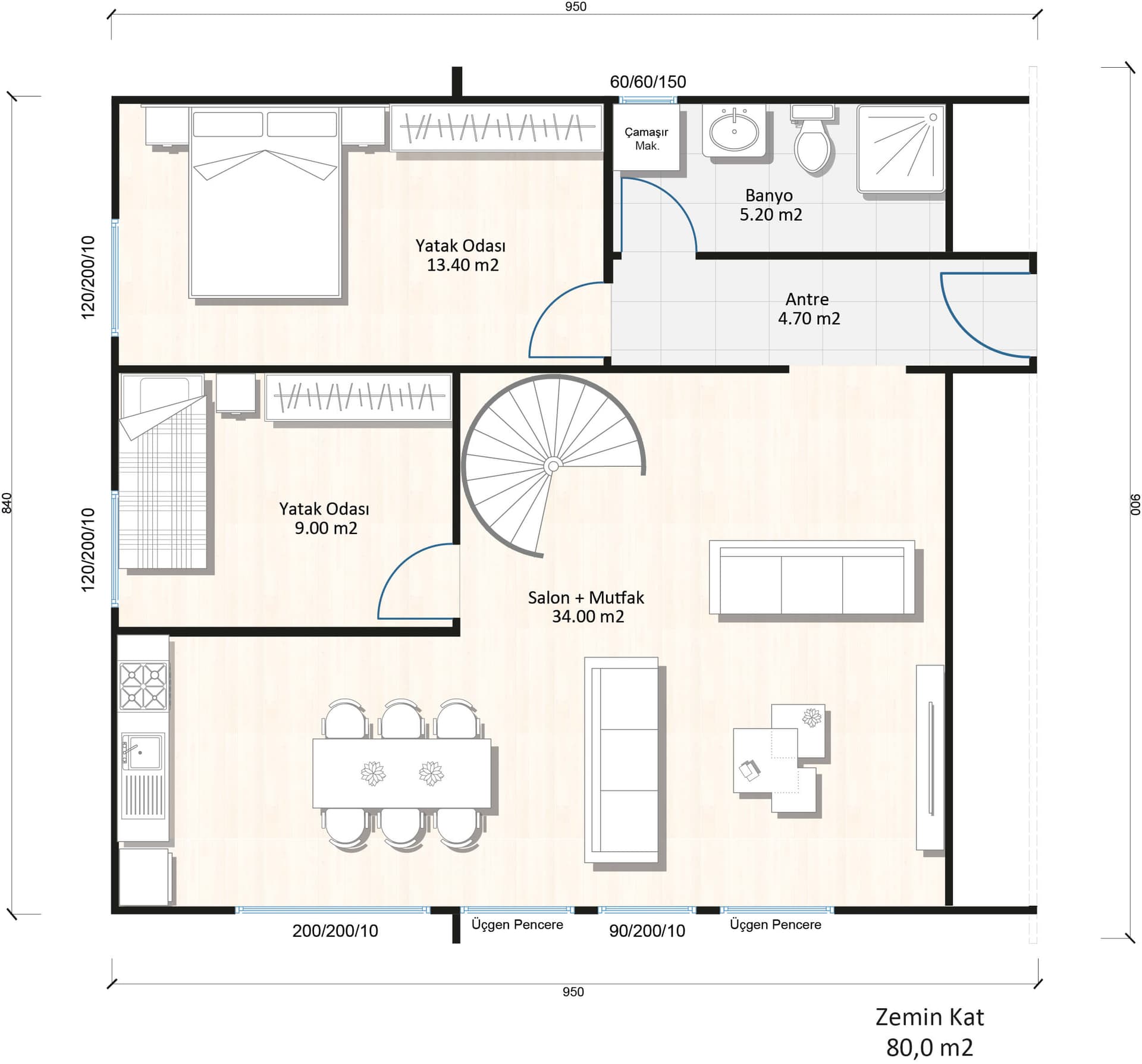 LB-2130 130 m² çelik ev kat planı 1