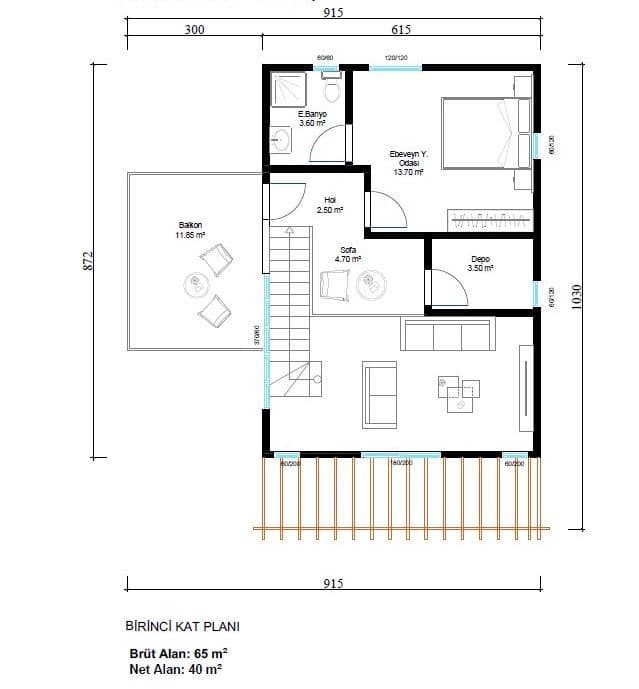 LB-2140 140 m² çelik ev kat planı 1