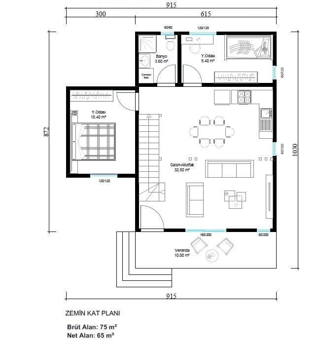 LB-2140 140 m² çelik ev kat planı 2