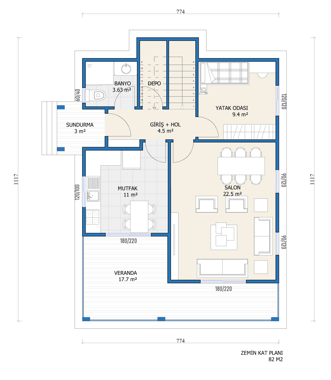 LB-2160 160 m² çelik ev kat planı 1
