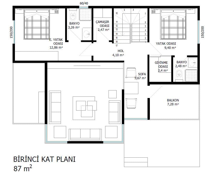 LB-2174 174 m² çelik ev kat planı 1