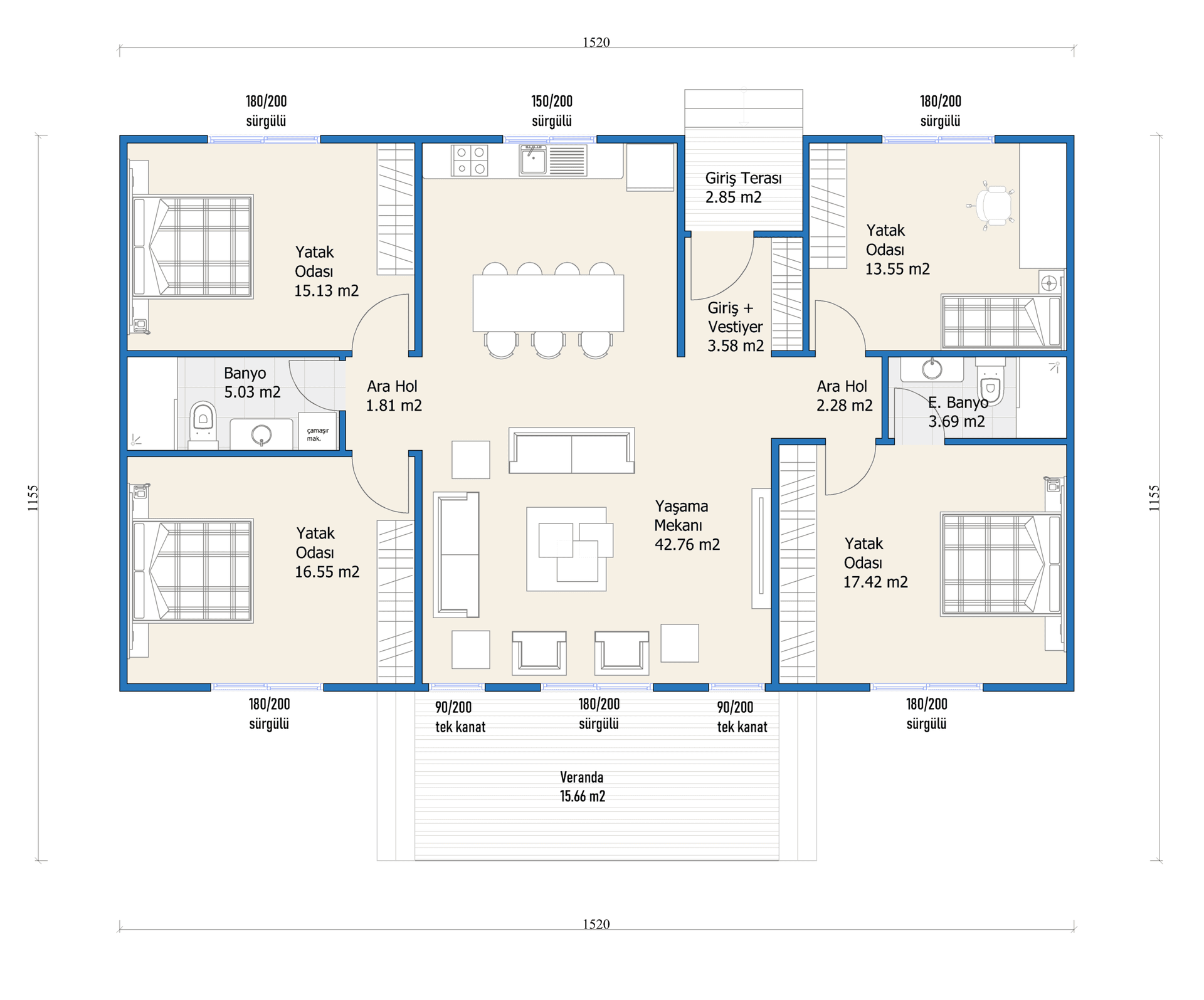 LB-2192 192 m² çelik ev kat planı 1
